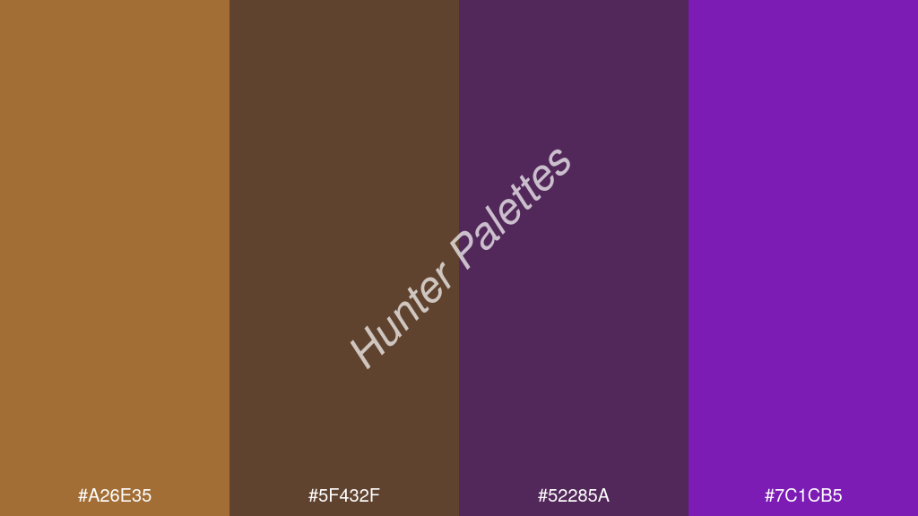wenge szín palettája a következőkkel: #a26e35 #5f432f #52285a #7c1cb5