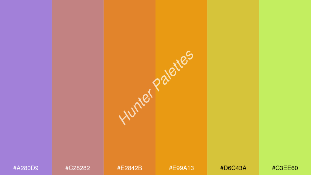 mandarin szín palettája a következőkkel: #a280d9 #c28282 #e2842b #e99a13 #d6c43a #c3ee60