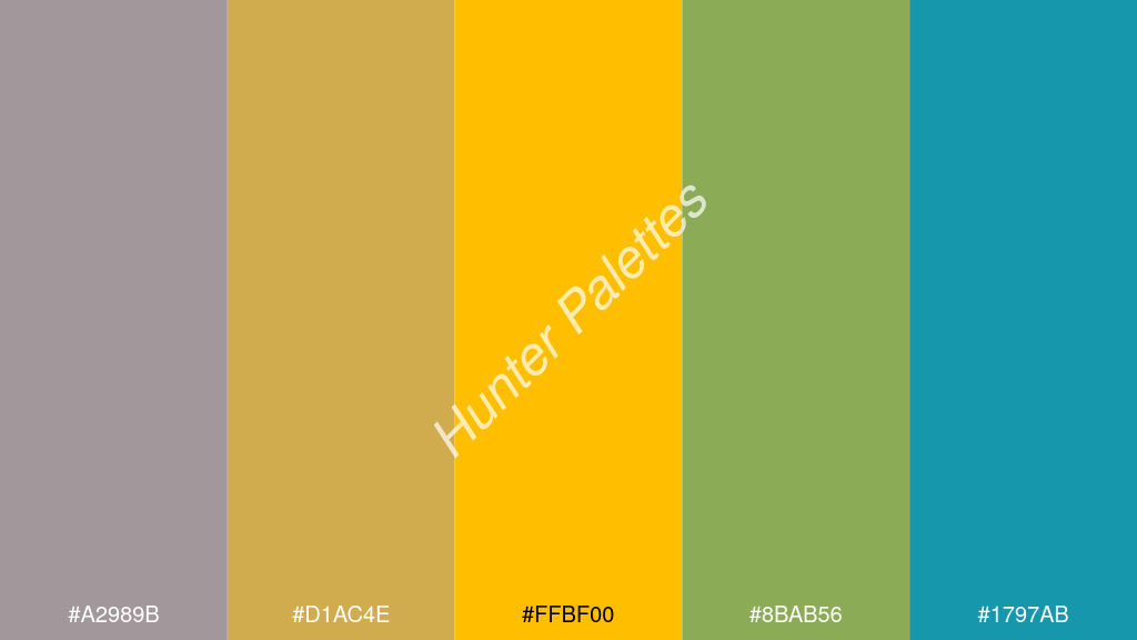 borostyán szín palettája a következőkkel: #a2989b #d1ac4e #ffbf00 #8bab56 #1797ab
