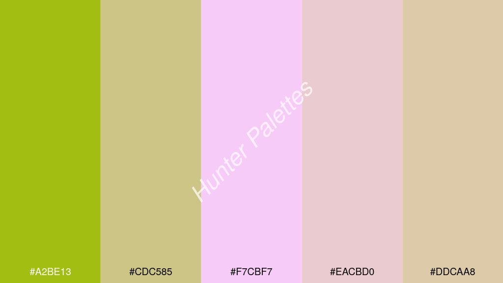 világos rózsaszín szín palettája a következőkkel: #a2be13 #cdc585 #f7cbf7 #eacbd0 #ddcaa8