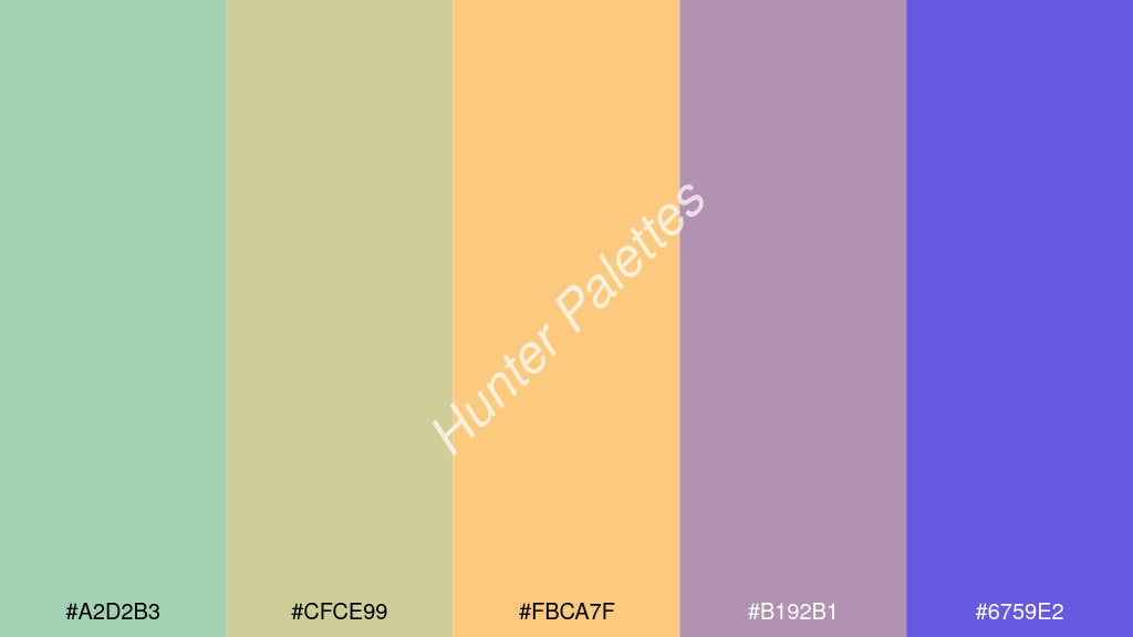 dinnye szín palettája a következőkkel: #a2d2b3 #cfce99 #fbca7f #b192b1 #6759e2