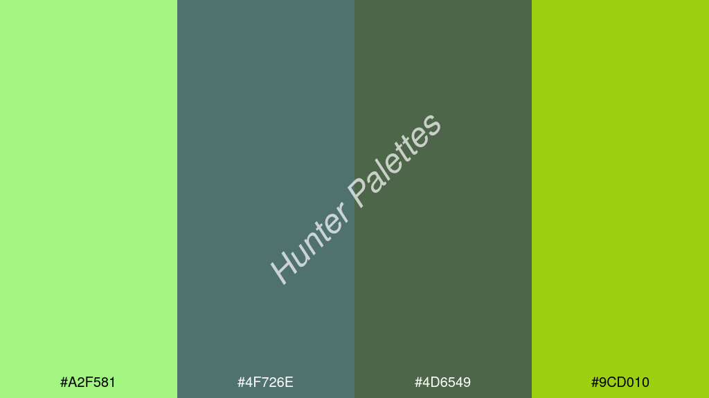 kobaltkék szín palettája a következőkkel: #a2f581 #4f726e #4d6549 #9cd010