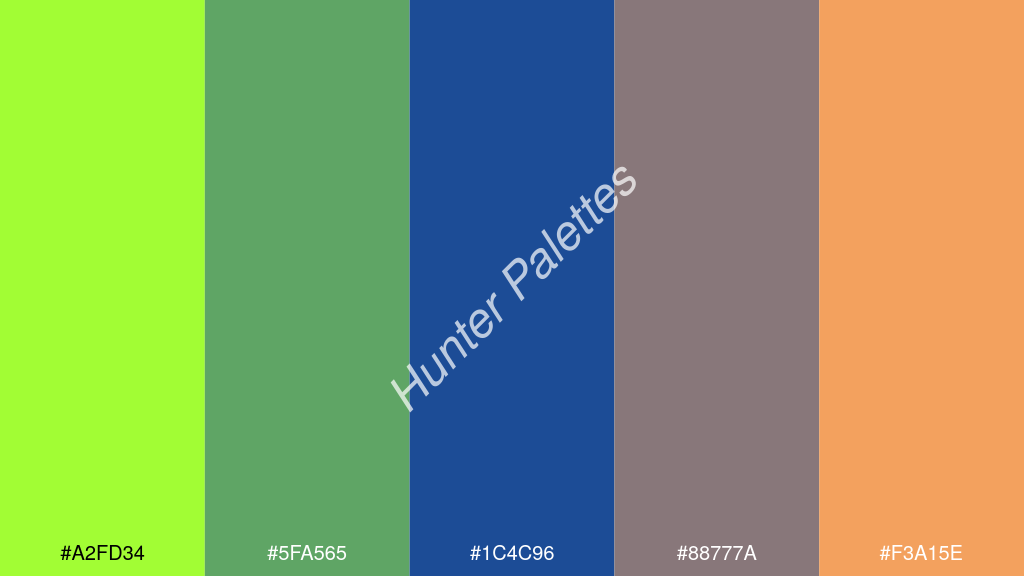 indigókék szín palettája a következőkkel: #a2fd34 #5fa565 #1c4c96 #88777a #f3a15e