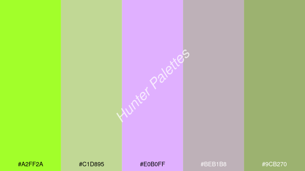 mályva szín palettája a következőkkel: #a2ff2a #c1d895 #e0b0ff #beb1b8 #9cb270