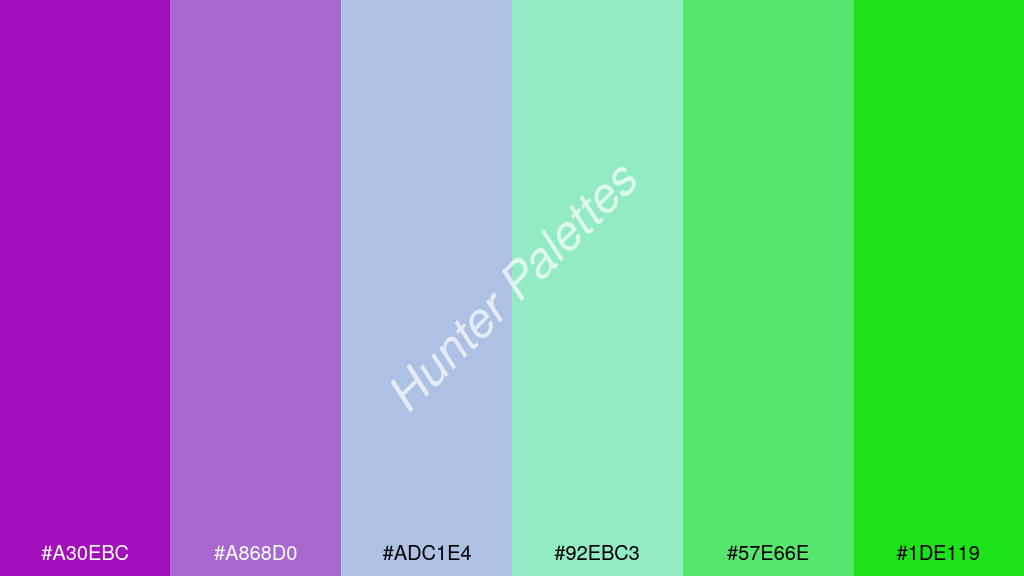 halvány türkiz szín palettája a következőkkel: #a30ebc #a868d0 #adc1e4 #92ebc3 #57e66e #1de119