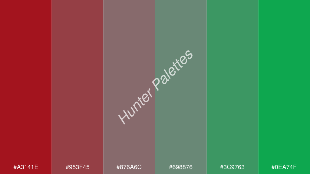szürke szín palettája a következőkkel: #a3141e #953f45 #876a6c #698876 #3c9763 #0ea74f