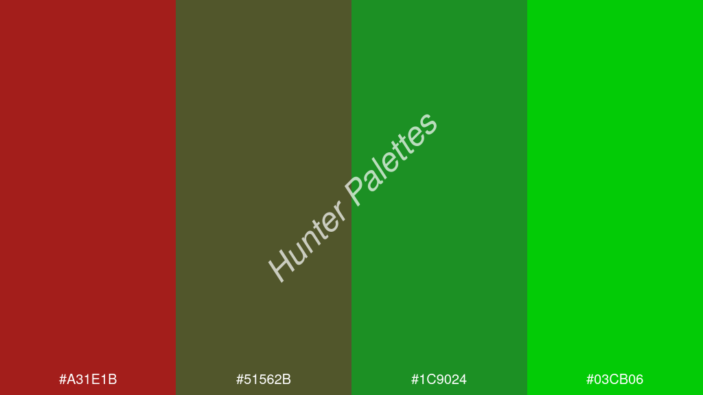 smaragdzöld szín palettája a következőkkel: #a31e1b #51562b #1c9024 #03cb06