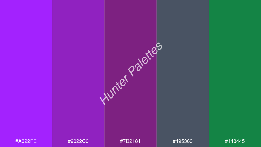 lila szín palettája a következőkkel: #a322fe #9022c0 #7d2181 #495363 #148445