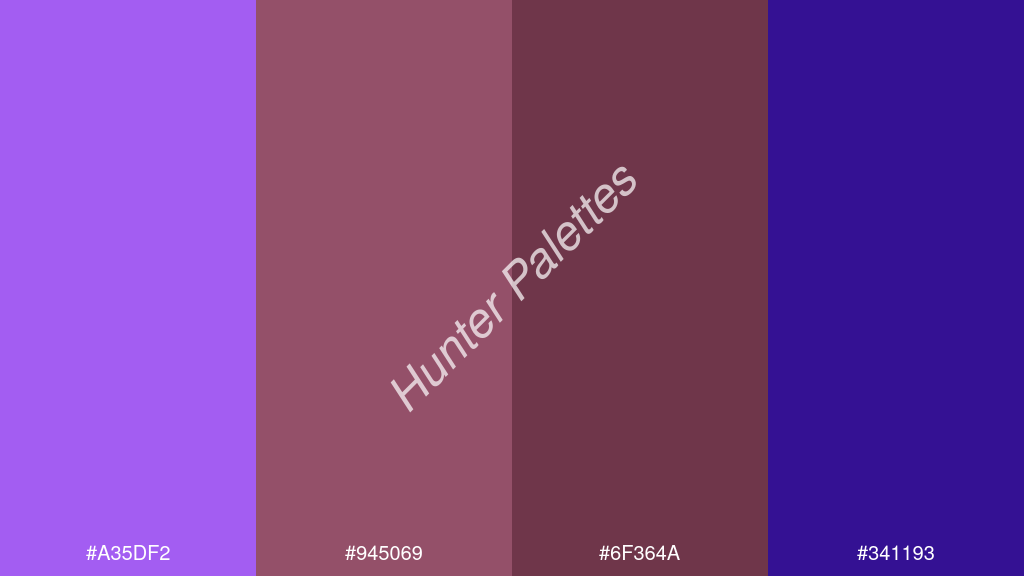 barna szín palettája a következőkkel: #a35df2 #945069 #6f364a #341193