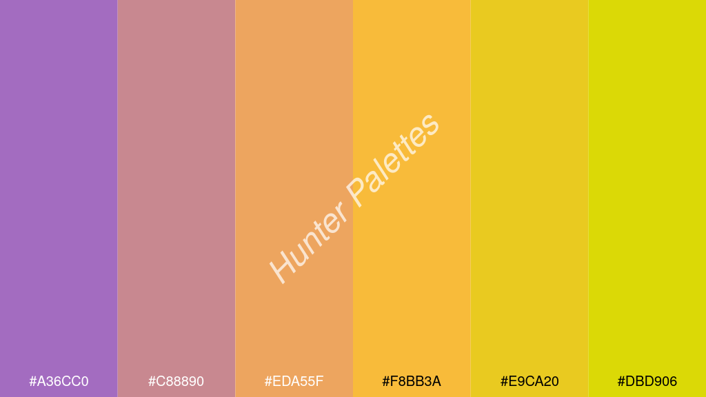 pasztell narancssárga szín palettája a következőkkel: #a36cc0 #c88890 #eda55f #f8bb3a #e9ca20 #dbd906