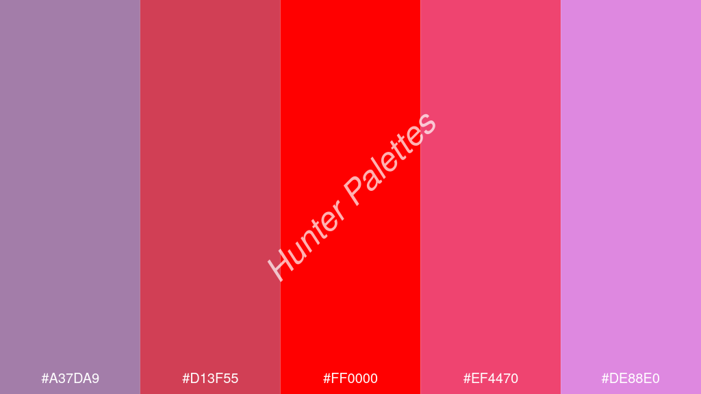 vörös szín palettája a következőkkel: #a37da9 #d13f55 #ff0000 #ef4470 #de88e0