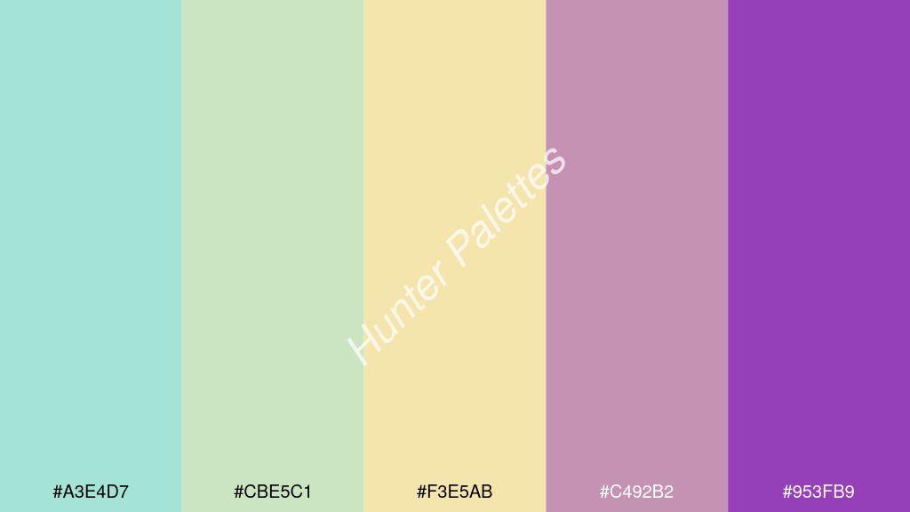 vanília szín palettája a következőkkel: #a3e4d7 #cbe5c1 #f3e5ab #c492b2 #953fb9
