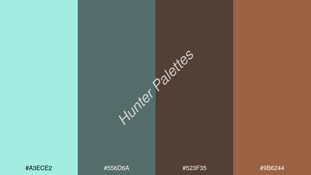 sötét szürke szín palettája a következőkkel: #a3ece2 #556d6a #523f35 #9b6244