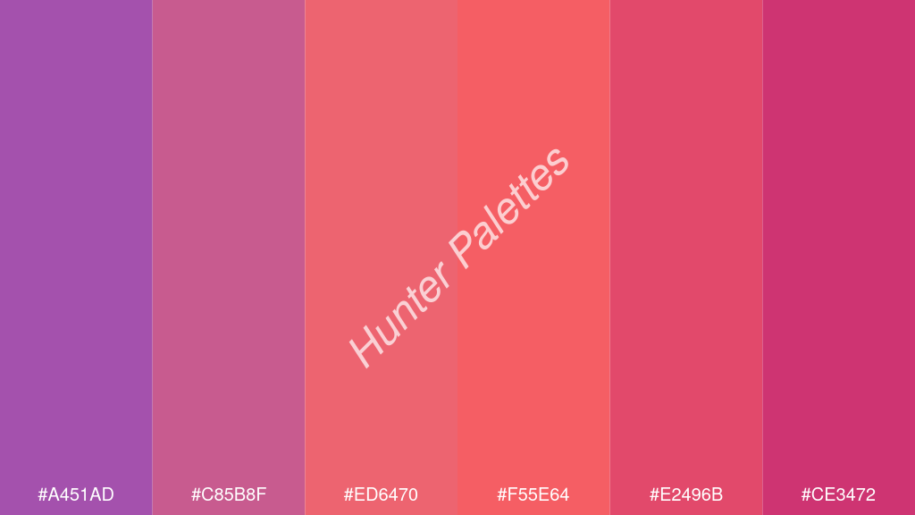 pasztell piros szín palettája a következőkkel: #a451ad #c85b8f #ed6470 #f55e64 #e2496b #ce3472
