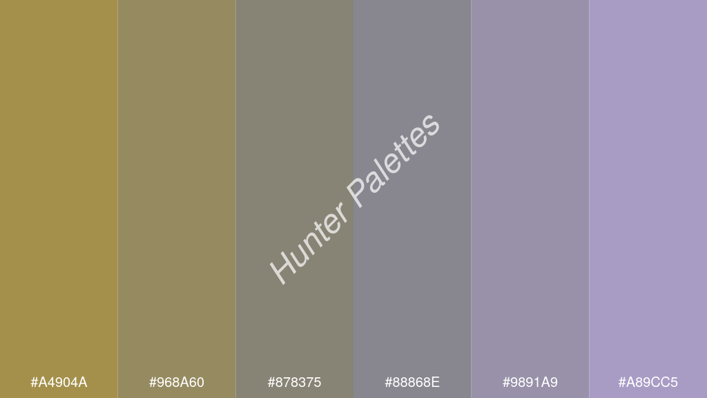 szürke szín palettája a következőkkel: #a4904a #968a60 #878375 #88868e #9891a9 #a89cc5