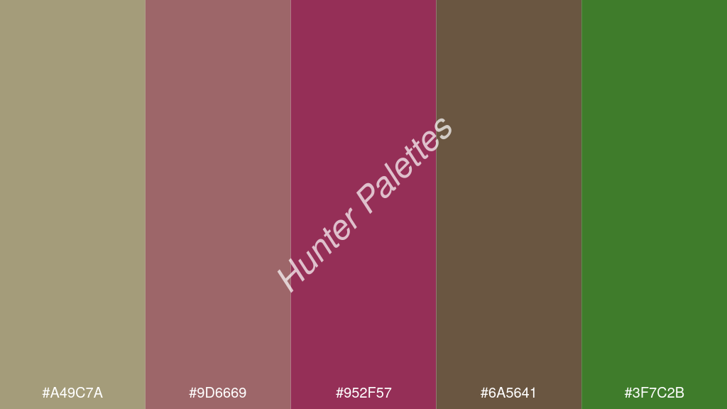 cseresznye szín palettája a következőkkel: #a49c7a #9d6669 #952f57 #6a5641 #3f7c2b