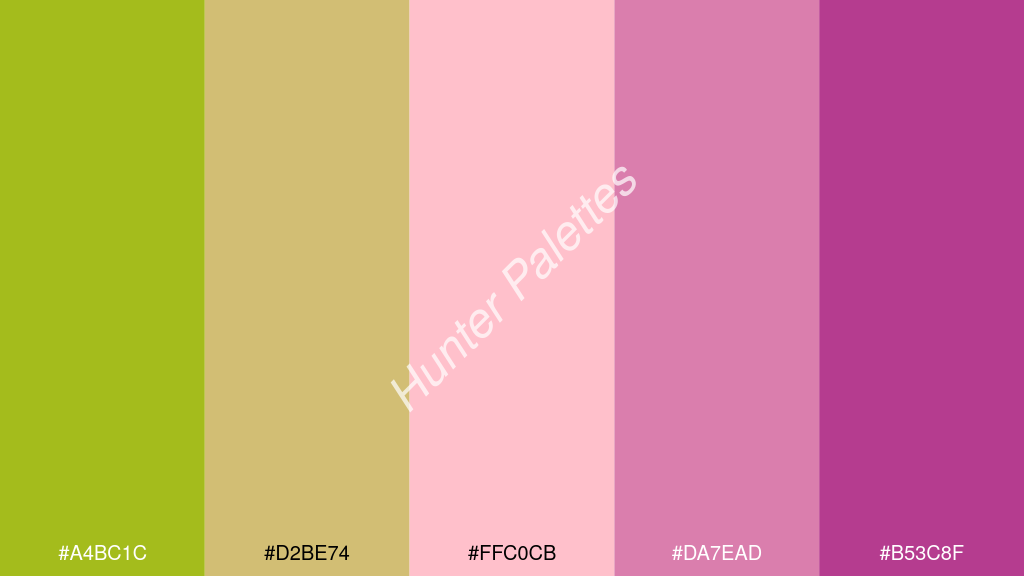 rózsaszín szín palettája a következőkkel: #a4bc1c #d2be74 #ffc0cb #da7ead #b53c8f