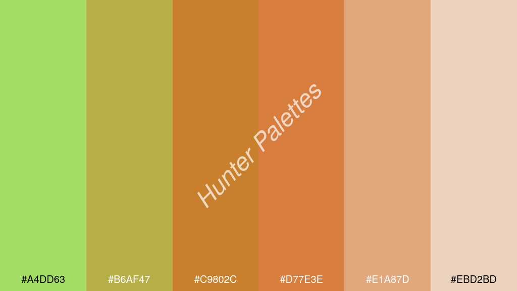 fahéj szín palettája a következőkkel: #a4dd63 #b6af47 #c9802c #d77e3e #e1a87d #ebd2bd