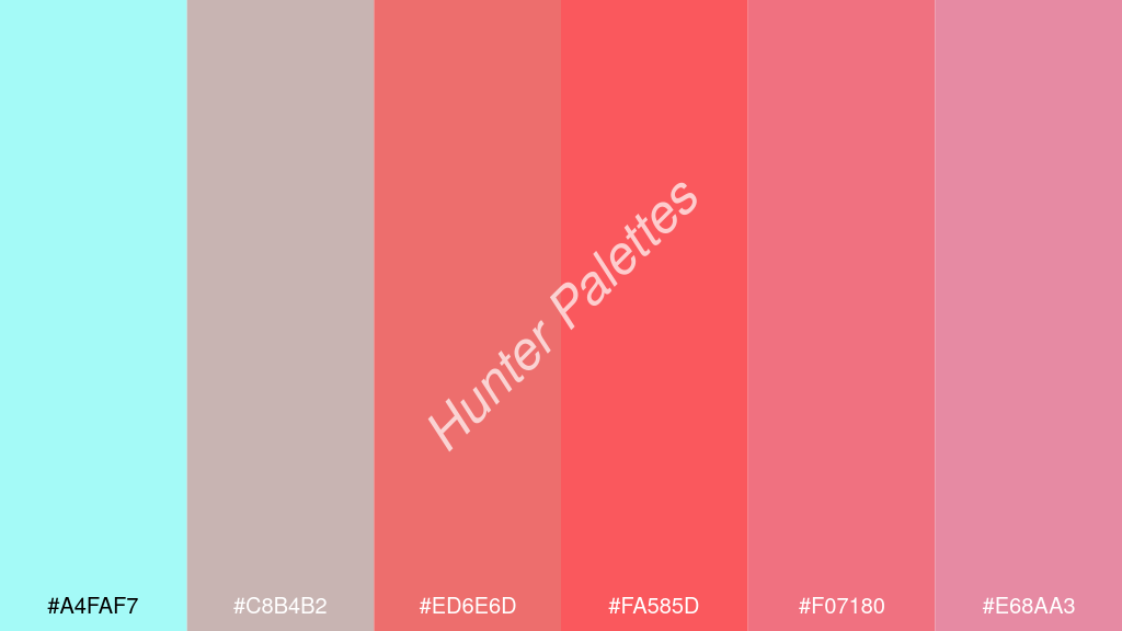világos piros szín palettája a következőkkel: #a4faf7 #c8b4b2 #ed6e6d #fa585d #f07180 #e68aa3