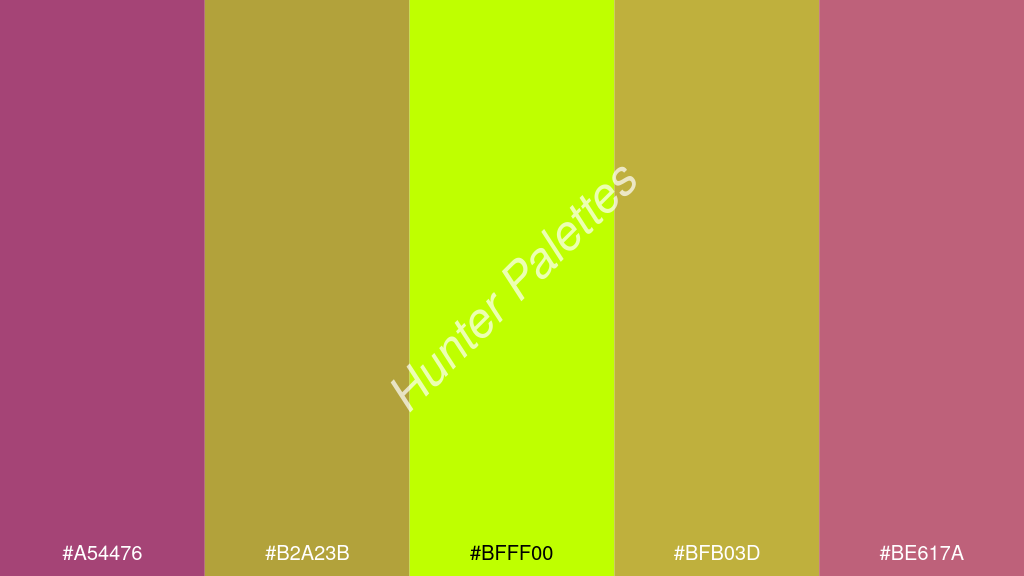 limezöld szín palettája a következőkkel: #a54476 #b2a23b #bfff00 #bfb03d #be617a
