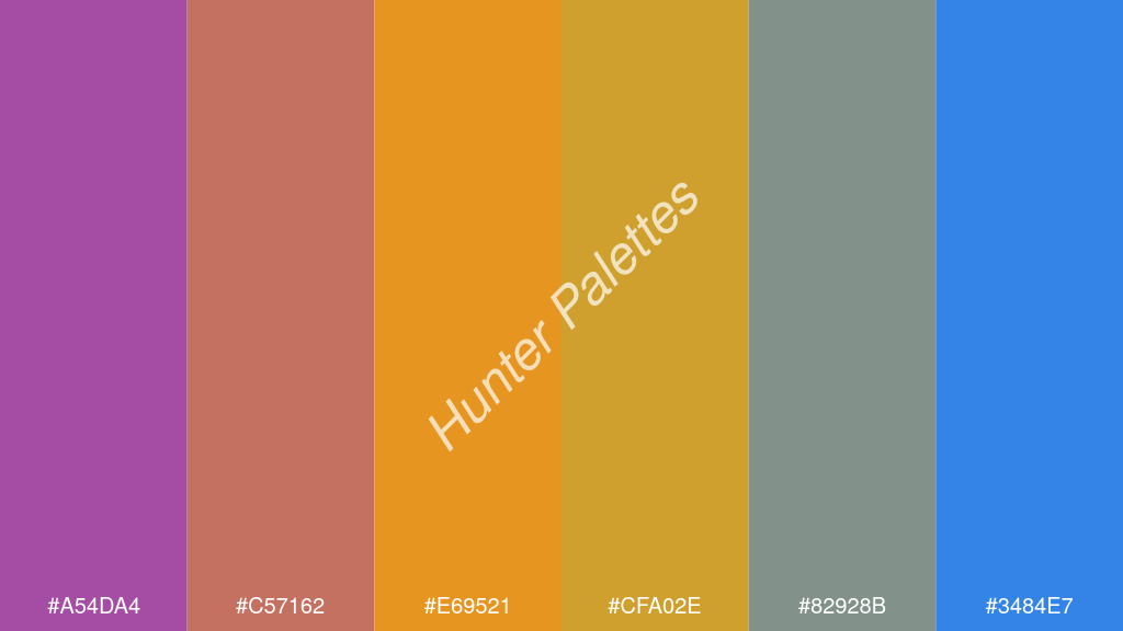 mustársárga szín palettája a következőkkel: #a54da4 #c57162 #e69521 #cfa02e #82928b #3484e7