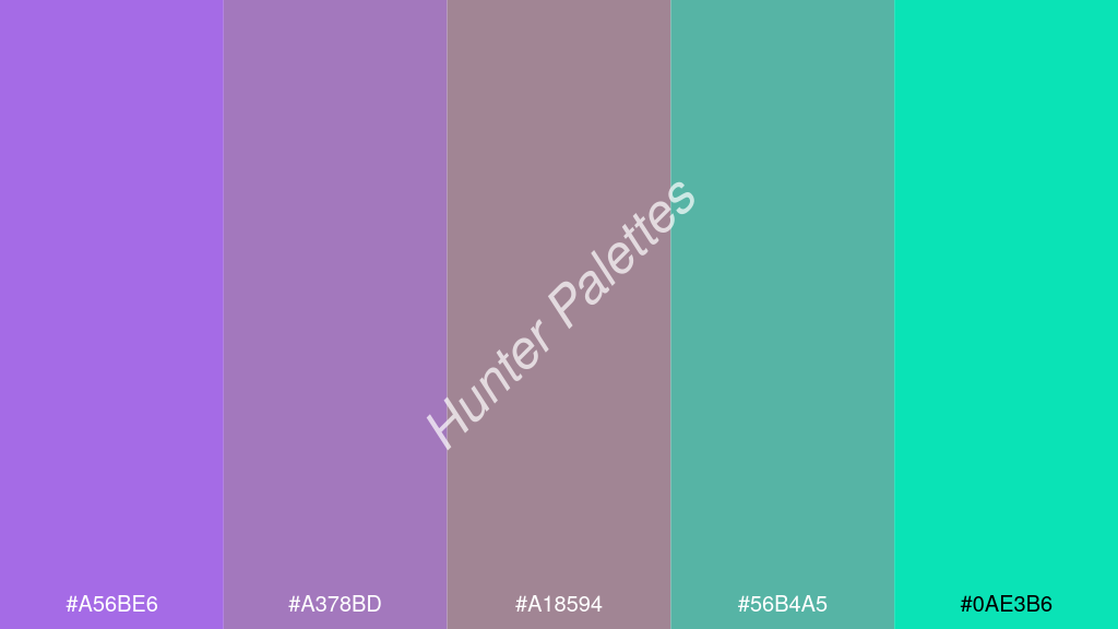 pasztell lila szín palettája a következőkkel: #a56be6 #a378bd #a18594 #56b4a5 #0ae3b6