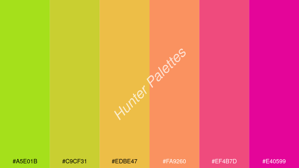 világos narancs szín palettája a következőkkel: #a5e01b #c9cf31 #edbe47 #fa9260 #ef4b7d #e40599