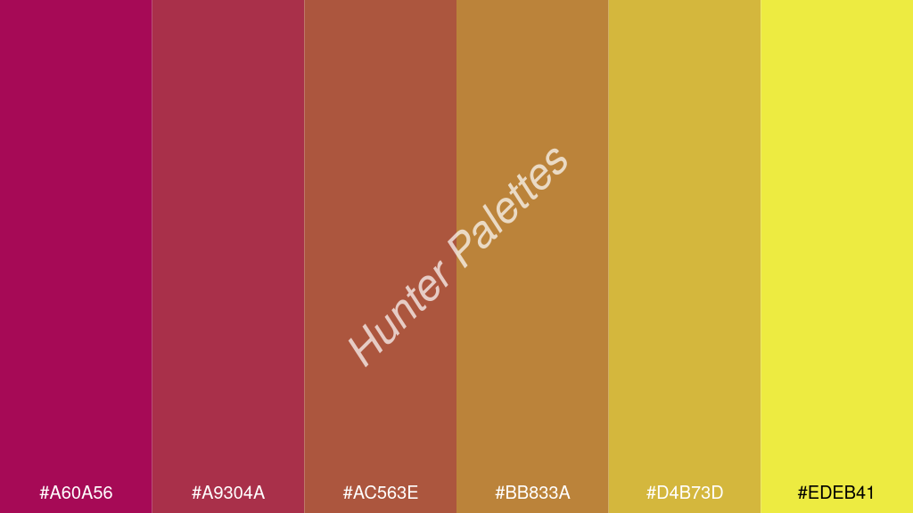 karamell szín palettája a következőkkel: #a60a56 #a9304a #ac563e #bb833a #d4b73d #edeb41