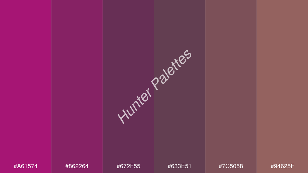 orchidea szín palettája a következőkkel: #a61574 #862264 #672f55 #633e51 #7c5058 #94625f