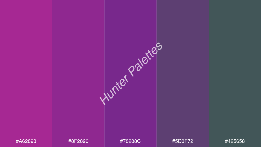 ibolya szín palettája a következőkkel: #a62893 #8f2890 #78288c #5d3f72 #425658