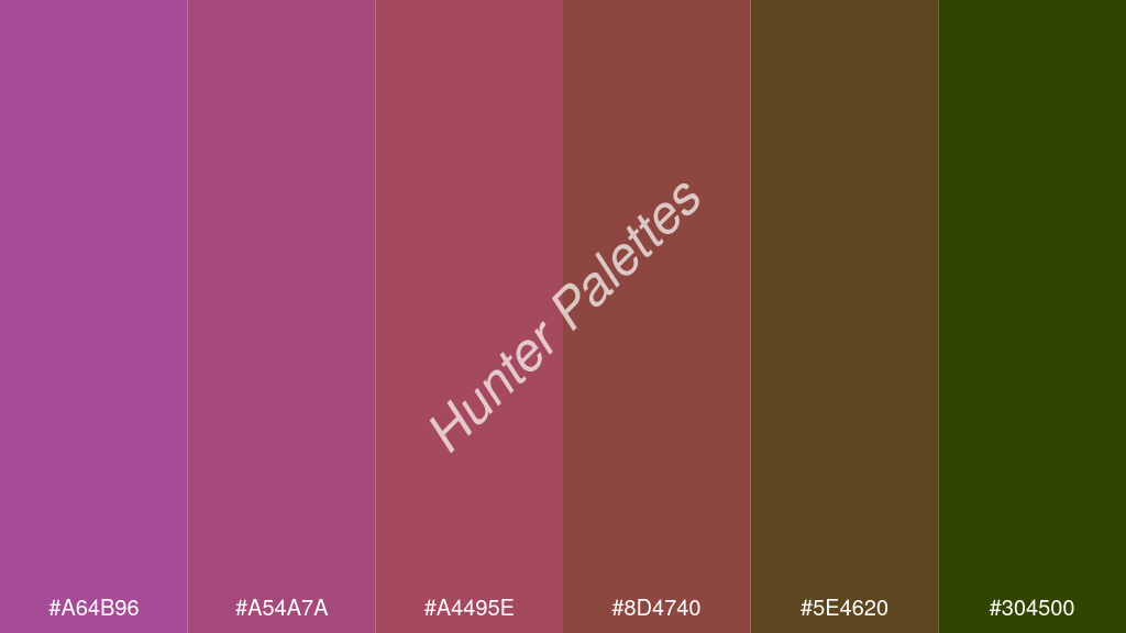 mahagóni szín palettája a következőkkel: #a64b96 #a54a7a #a4495e #8d4740 #5e4620 #304500