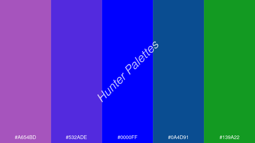 kék szín palettája a következőkkel: #a654bd #532ade #0000ff #0a4d91 #139a22