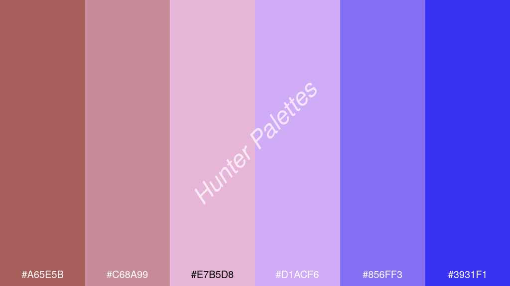 világos rózsaszín szín palettája a következőkkel: #a65e5b #c68a99 #e7b5d8 #d1acf6 #856ff3 #3931f1