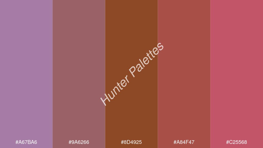 barna szín palettája a következőkkel: #a67ba6 #9a6266 #8d4925 #a84f47 #c25568