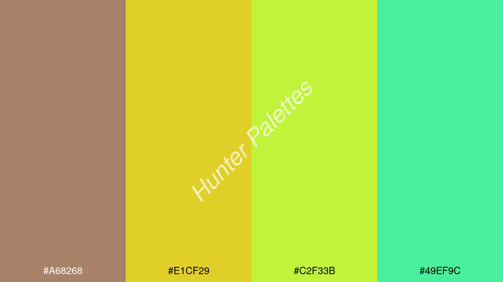 neon sárga szín palettája a következőkkel: #a68268 #e1cf29 #c2f33b #49ef9c