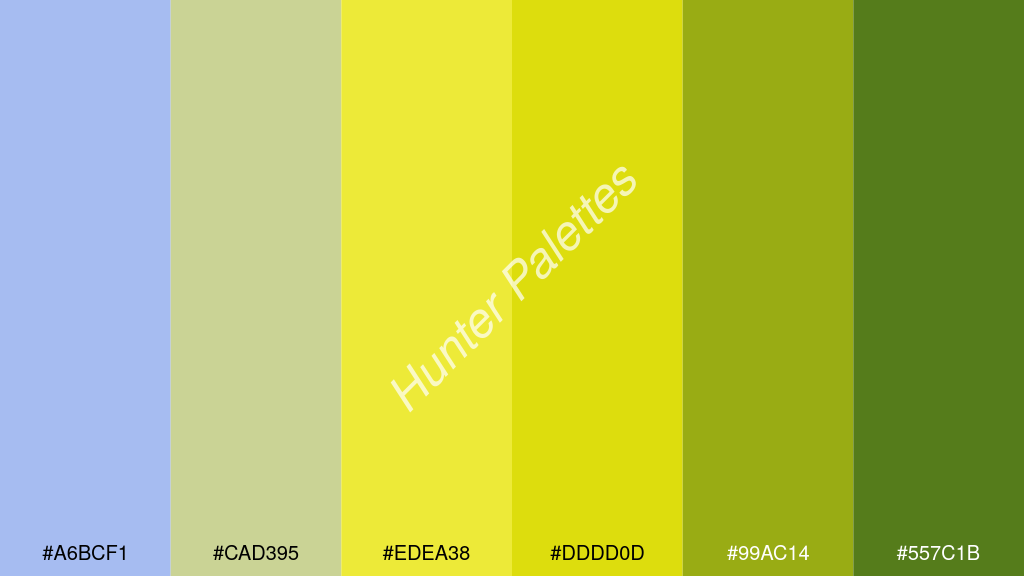 neon sárga szín palettája a következőkkel: #a6bcf1 #cad395 #edea38 #dddd0d #99ac14 #557c1b