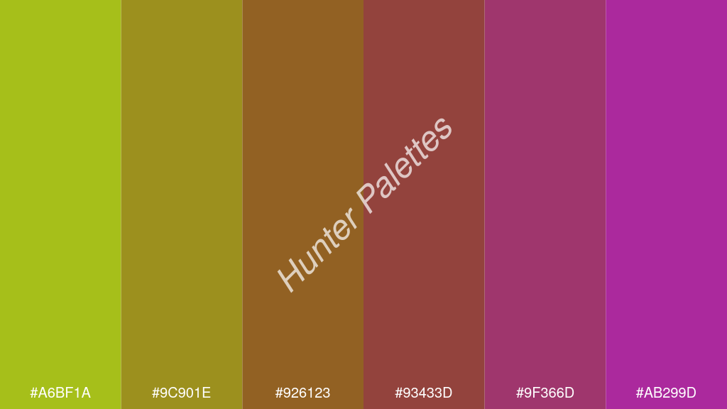 barna szín palettája a következőkkel: #a6bf1a #9c901e #926123 #93433d #9f366d #ab299d