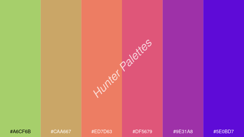 pasztell piros szín palettája a következőkkel: #a6cf6b #caa667 #ed7d63 #df5679 #9e31a8 #5e0bd7