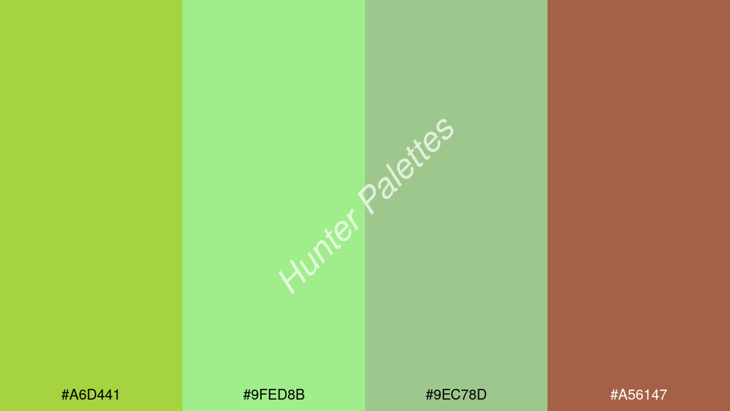 menta szín palettája a következőkkel: #a6d441 #9fed8b #9ec78d #a56147