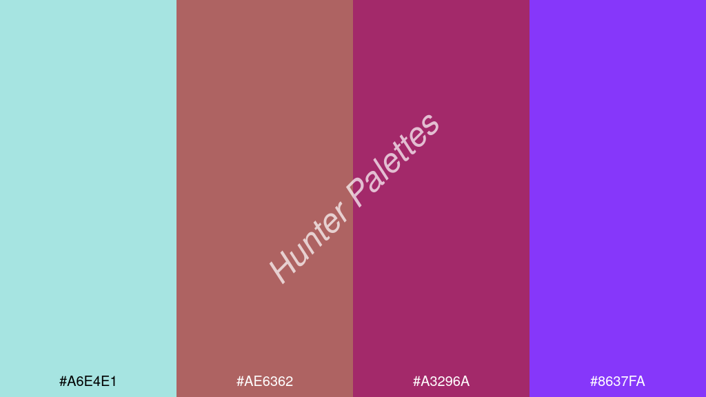 tégla szín palettája a következőkkel: #a6e4e1 #ae6362 #a3296a #8637fa