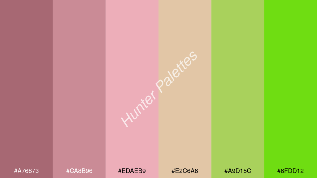 rózsaszín szín palettája a következőkkel: #a76873 #ca8b96 #edaeb9 #e2c6a6 #a9d15c #6fdd12