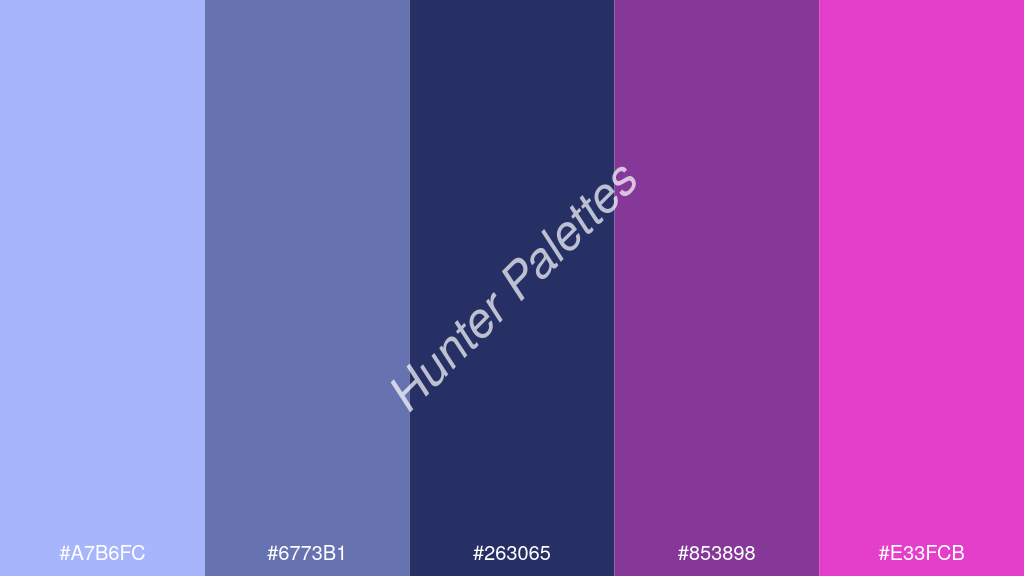 kobaltkék szín palettája a következőkkel: #a7b6fc #6773b1 #263065 #853898 #e33fcb