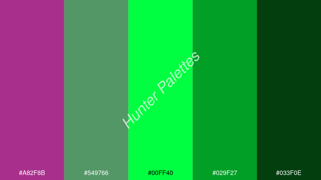 fluoreszkáló zöld szín palettája a következőkkel: #a82f8b #549766 #00ff40 #029f27 #033f0e