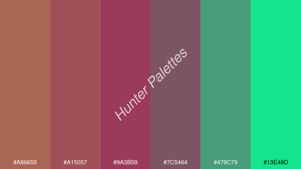 bordó szín palettája a következőkkel: #a86655 #a15057 #9a3b59 #7c5464 #479c79 #13e48d