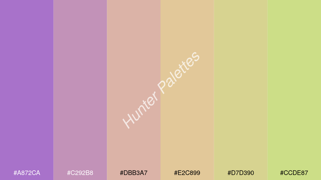 bézs szín palettája a következőkkel: #a872ca #c292b8 #dbb3a7 #e2c899 #d7d390 #ccde87