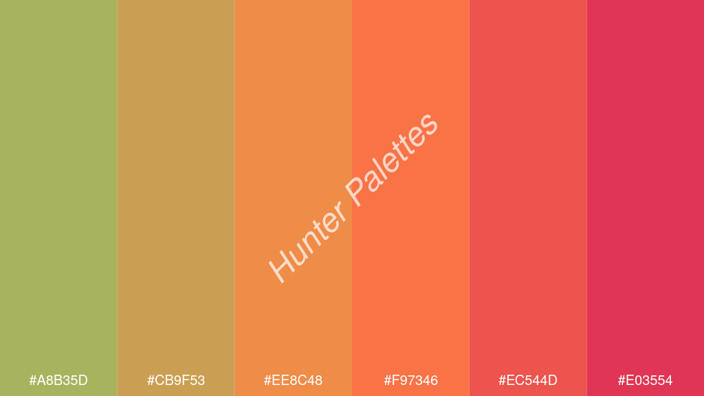 mangó szín palettája a következőkkel: #a8b35d #cb9f53 #ee8c48 #f97346 #ec544d #e03554