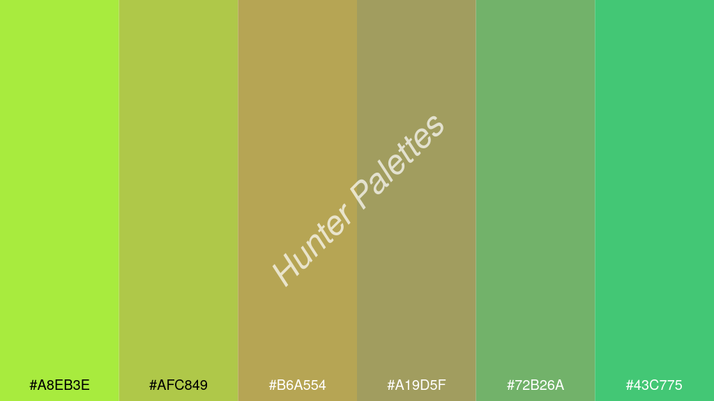 okker szín palettája a következőkkel: #a8eb3e #afc849 #b6a554 #a19d5f #72b26a #43c775