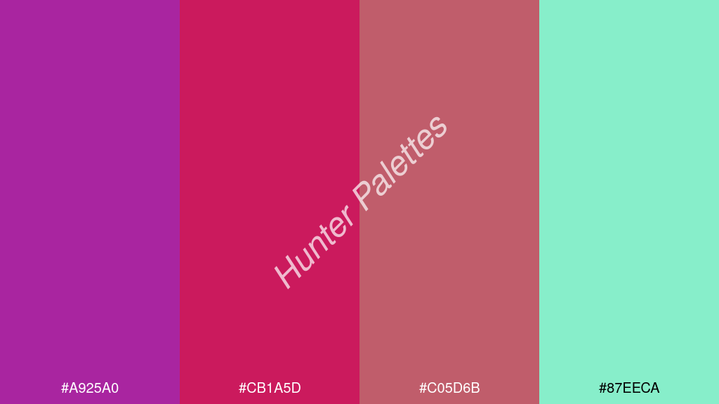 bíbor szín palettája a következőkkel: #a925a0 #cb1a5d #c05d6b #87eeca