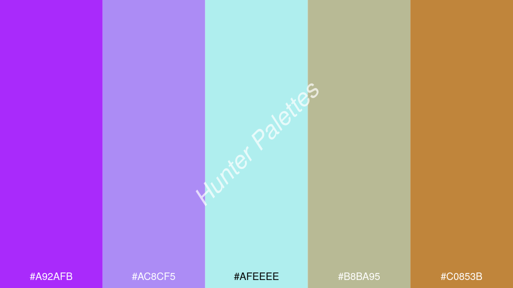 halvány türkiz szín palettája a következőkkel: #a92afb #ac8cf5 #afeeee #b8ba95 #c0853b