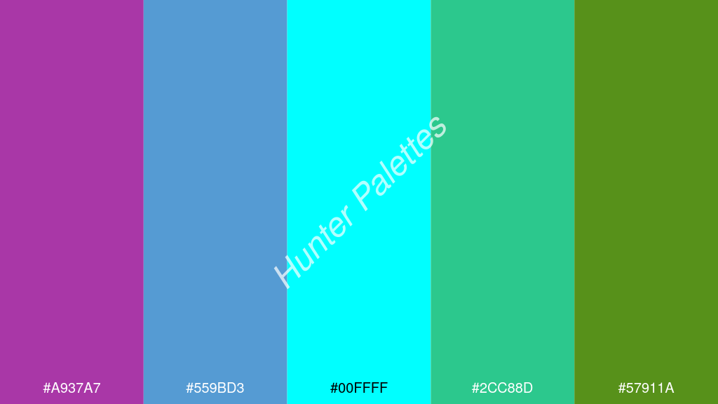 cián szín palettája a következőkkel: #a937a7 #559bd3 #00ffff #2cc88d #57911a